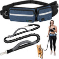 PetAmi Hands Free Dog Leash Belt Bag for Walking, Jogging - Double Zipper Pouch with Poop Bag Dispenser, Dual Padded Handles Reflective Bungee Leash, Single (Navy)