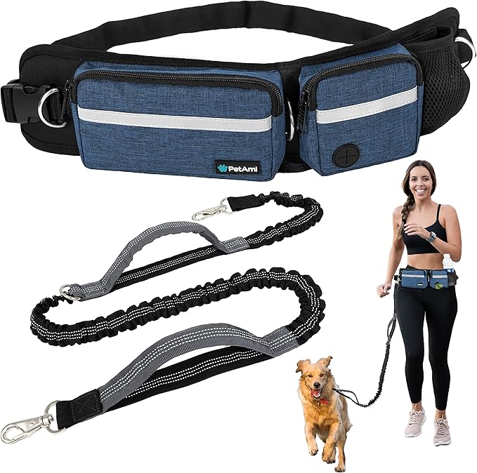 PetAmi Hands Free Dog Leash Belt Bag for Walking, Jogging - Double Zipper Pouch with Poop Bag Dispenser, Dual Padded Handles Reflective Bungee Leash, Single (Navy)