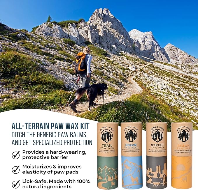 All-Terrain Dog Paw Waxes - 4 Protective Balms (Trail + Street + Beach + Snow) - Each Wax for Dogs is Specifically Formulated for Outdoor Environments - Natural Lick-Safe Ingredients - USA