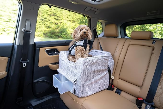 Snoozer Dog Car Seat with Storage Tray: Lookout II Dog Booster Car Seat for Pets up to 18lbs, Helps Alleviate Travel Sickness & Fear for Dogs, Removable Washable Cover – Palmer Dove, Size Small