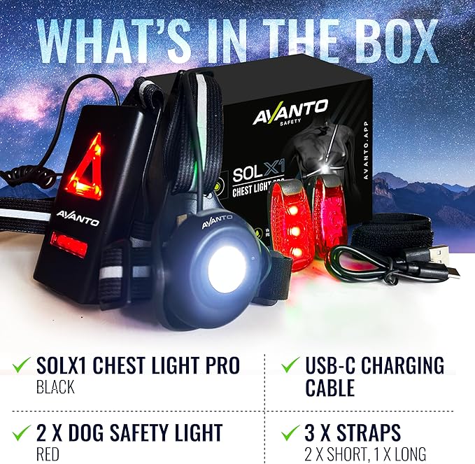 AVANTO Chest Light with (2) LED Safety Clip-Lights for Dog Walking, Night Walks, Biking | Reflective Gear for Walking, Running, Cycling, Strollers, Dogs, E-Bike, Scooters