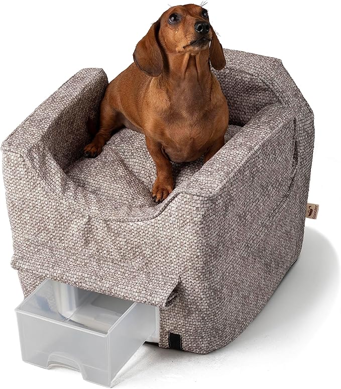 Snoozer Dog Car Seat with Storage Tray: Lookout II Dog Booster Car Seat for Pets up to 18lbs, Helps Alleviate Travel Sickness & Fear for Dogs, Removable Washable Cover – Merlin Linen, Size Small