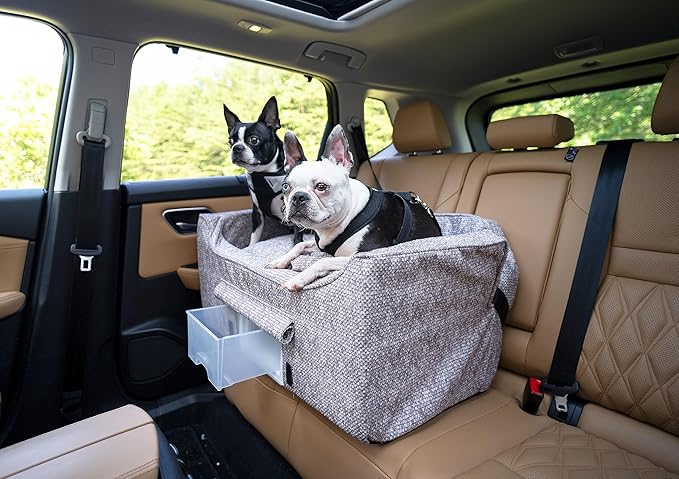 Snoozer Dog Car Seat with Storage Tray: Lookout II Dog Booster Car Seat for Pets up to 34lbs, Helps Alleviate Travel Sickness & Fear for Dogs, Removable Washable Cover – Merlin Linen, Size Large