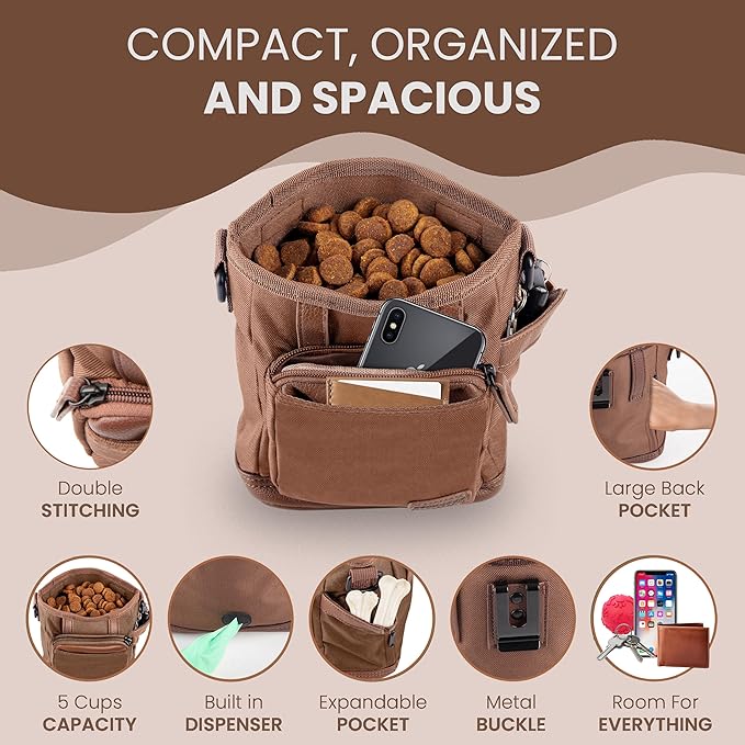 BEAU&FUR Large Dog Treat Pouch with Clicker for Training – 4 Cup Capacity, Built-In Poop Bag Dispenser, Expandable Pocket, Metal Buckle, Large Back Pocket, Ideal for Walks and Training – Dark Brown