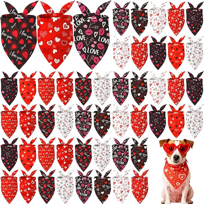 Weewooday 50 Pcs Valentine's Day Dog Bandanas Bulk for Dogs Soft Bibs Adjustable Triangle Heart Lips Bandana for Small Medium Large Pet Costume(Valentine, 19.7 x 13.8 x 13.8 Inch)