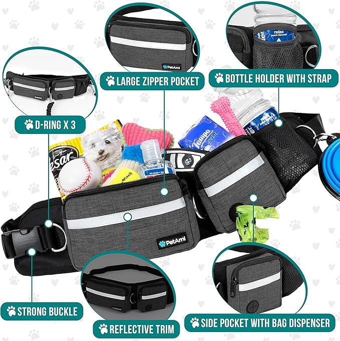 PetAmi Hands Free Dog Leash, Dog Running Leash Belt Bag for Walking, Jogging, Dog Waist Double Zipper Pouch with Poop Bag Dispenser, Dual Padded Handles Reflective Bungee Leash, Double (Charcoal Grey)