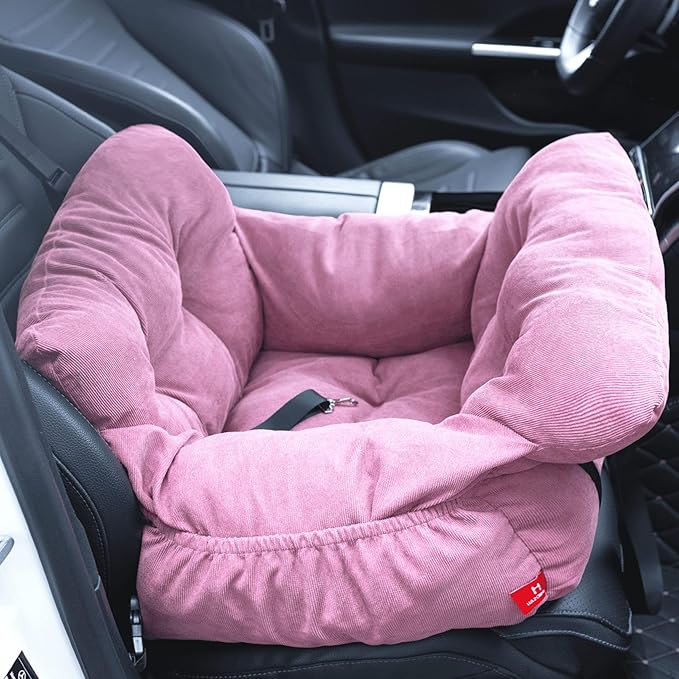 Pet Car Booster Seat for Small Dogs up to 25 lbs with Safety Straps, Storage Pockets, Travel Carrier Bed with Detachable Cover, Machine Washable (Pink)