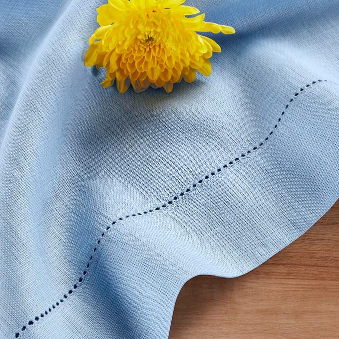 Solino Home Linen Cloth Placemats Set of 4-100% Pure Linen Hemstitch Cornflower Blue Placemats 14 x 19 Inch - Classic Hemstitch Table Place Mats for Holiday, New Year