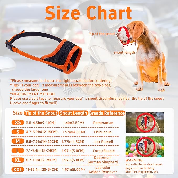 Dog Muzzle, Soft Breathable Muzzle for Small Medium Large Dogs, Air Mesh Nylon Muzzle Cover Prevent Biting Barking Chewing, Adjustable Drinkable Pet Muzzle 6 Sizes (Orange,S)