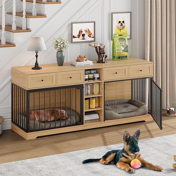 IDEALHOUSE 82” Large Dog Crate for 2 Dogs, Dog Kennel Indoor with 4 Drawers and Shelves, Double Dog Crate Furniture TV Stand, Wooden Dog Cage for Medium Large Dogs, Natural