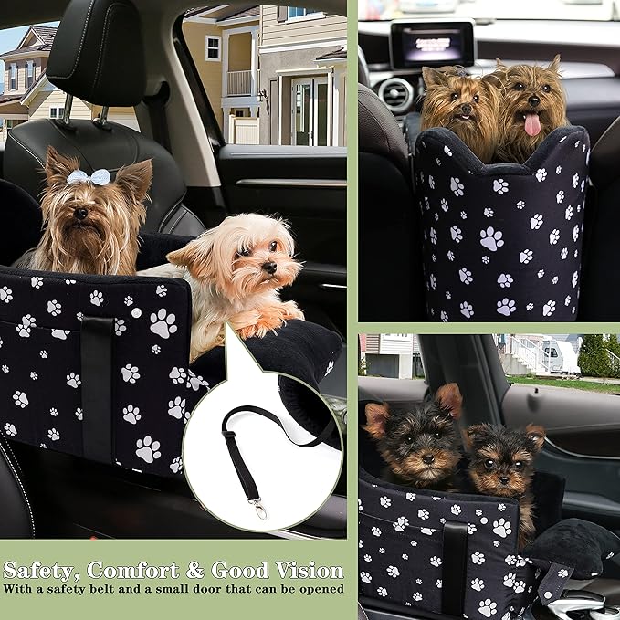 Console Dog Car Seat with Safety Leash for Large Armrest Lid– Booster Seat for Small & Medium Dogs (Up to 25 lbs), Pet Travel Safety Seat with Storage Pockets & Detachable Dog Seat (Large Size)