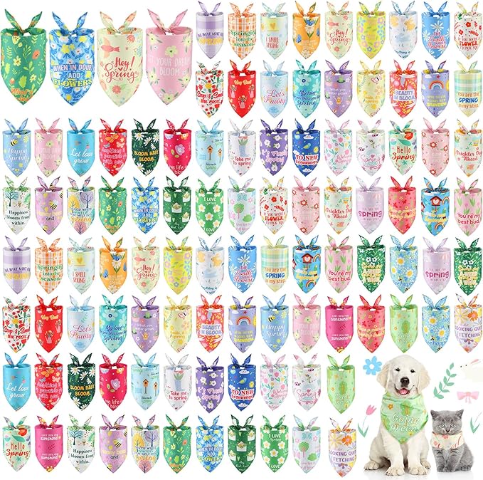 Sweetude 100 Pcs Plaid Dog Bandanas Bulk Paw Print Dog Scarf Bibs Puppy Pet Bandanas with Captions Adjustable Cat Outfit Washable Triangle Scarf Kerchief for Small to Medium(Spring)