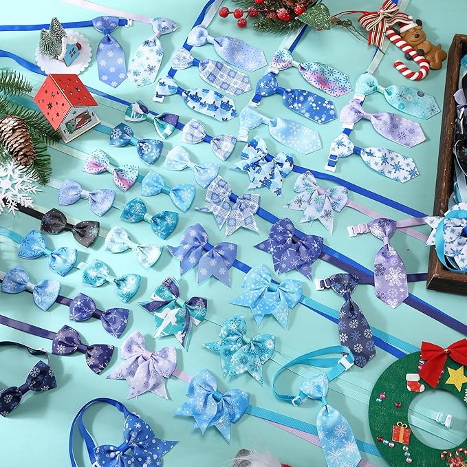 Reginary 100 Pieces Dog Bow Tie Collar Set Include 40 Dog Neckties, and 30 Puppy Bowties, 30 Collar Flowers, Adjustable Pet Ties Grooming for Small Medium Cats Pets Supply(Winter)