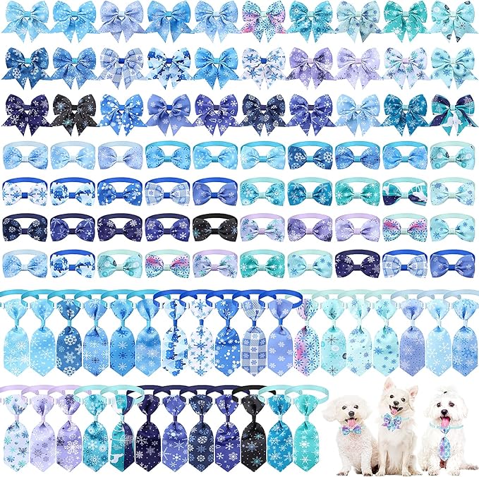 Reginary 100 Pieces Dog Bow Tie Collar Set Include 40 Dog Neckties, and 30 Puppy Bowties, 30 Collar Flowers, Adjustable Pet Ties Grooming for Small Medium Cats Pets Supply(Winter)