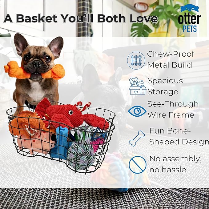 Metal Dog Toy Basket, Bone Shaped Indestructible Dog Toy Bin, Sturdy Storage Organizer, 17 (L) x 13 (W) x 7 (H) inches