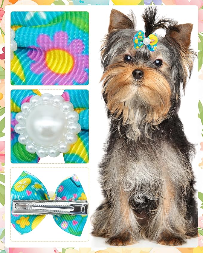 PET SHOW 20 Pack Easter Dog Hair Bows with Alligator Clips for Small Medium Dogs Colorful Bowknot Hair Clips Cat Puppy Yorkshire Grooming Hair Accessories Bunny Eggs for Party Costumes