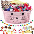 Zopeal 58 Pcs Cat Storage Basket Gift Toys Set, Colorful Flashing Balls Pet Bell Crinkle Balls Spring Toys Attract Cat to Swat, Hunt, Interactive for Pet(Pink,9.8 Inch)