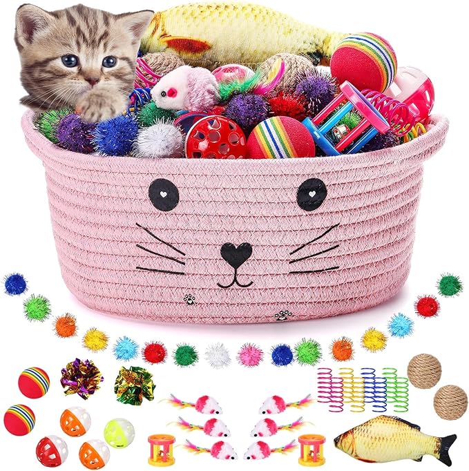 Zopeal 58 Pcs Cat Storage Basket Gift Toys Set, Colorful Flashing Balls Pet Bell Crinkle Balls Spring Toys Attract Cat to Swat, Hunt, Interactive for Pet(Pink,9.8 Inch)
