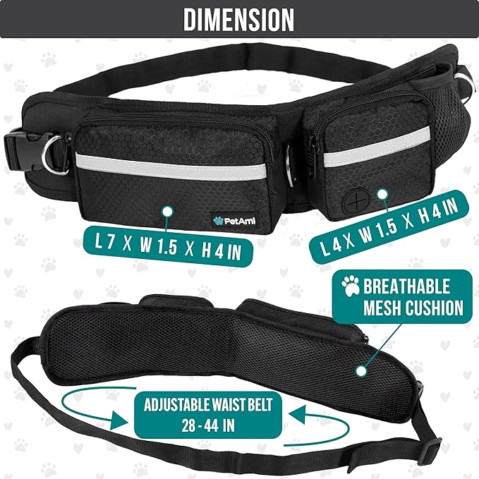 PetAmi Hands Free Dog Leash, Dog Running Leash Belt Bag for Walking, Jogging, Dog Waist Double Zipper Pouch with Poop Bag Dispenser, Dual Padded Handles Reflective Bungee Leash, Single (Black)