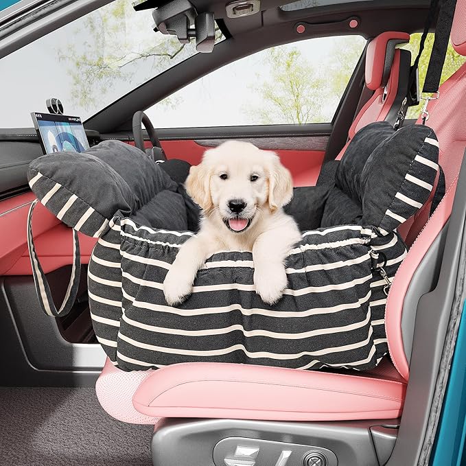 Small Dog Car Seats Washable Dog Booster Seat for Car Clip-On Leash and Cushion with Storage Pockets Under 25lbs Portable Travel Pet,Black with Handle