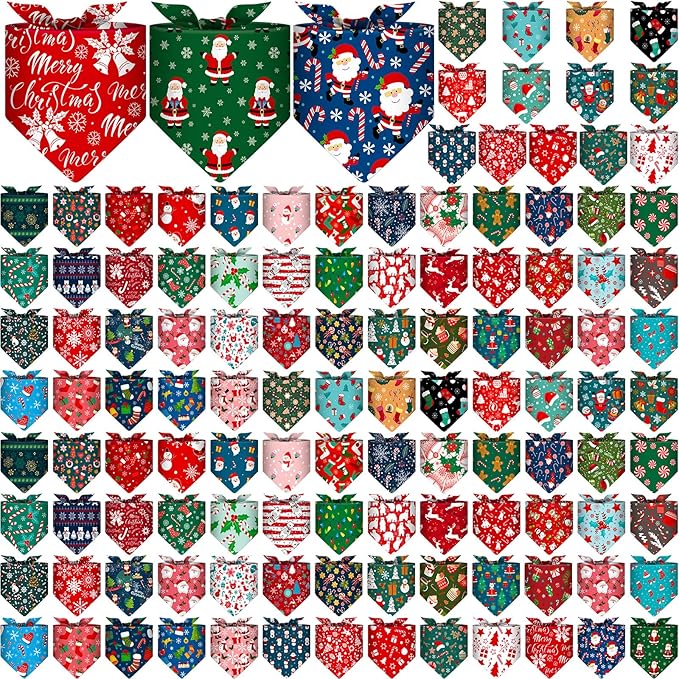 Amylove 120 Pcs Dog Bandanas Bulk Holiday Triangle Dog Pack Puppy Kerchief Bandana Adjustable Pet Scarf for Pet Cat Costume Accessories Decor(Snowman)