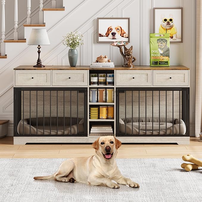 IDEALHOUSE 82" Large Dog Crate for 2 Dogs, Dog Kennel Indoor with 4 Drawers and Shelves, Double Dog Crate Furniture TV Stand, Wooden Dog Cage for Medium Large Dogs, Washed White
