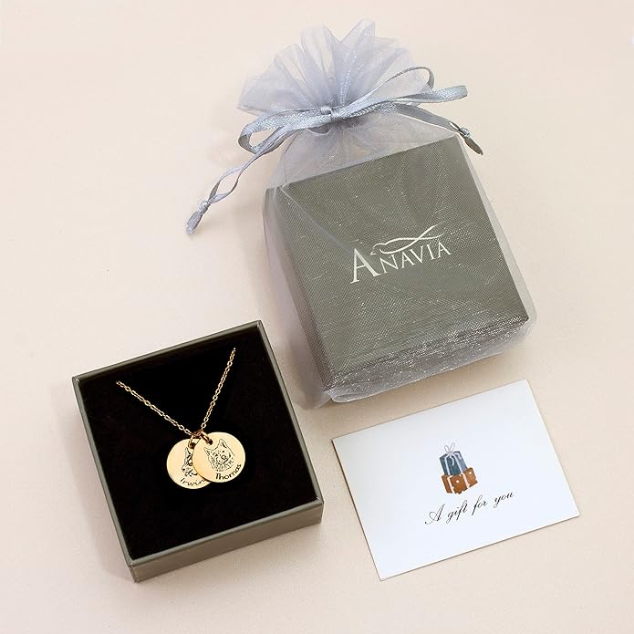 Anavia Personalized Pet Portrait Necklace, Handmade Memorial Jewelry Gift, Custom Round Disc Photo Engraved Necklace for Animal Lovers, Dog Mom, Dog Dad