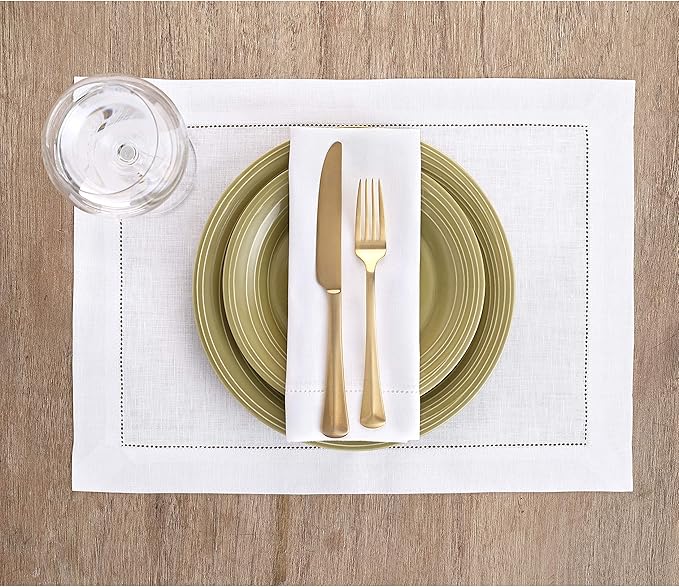 Solino Home Linen Placemats Set of 4 - Classic Hemstitch White Placemats 14 x 19 Inch - 100% Pure Linen Table Mats for Winter, Valentines, Holiday, New Year