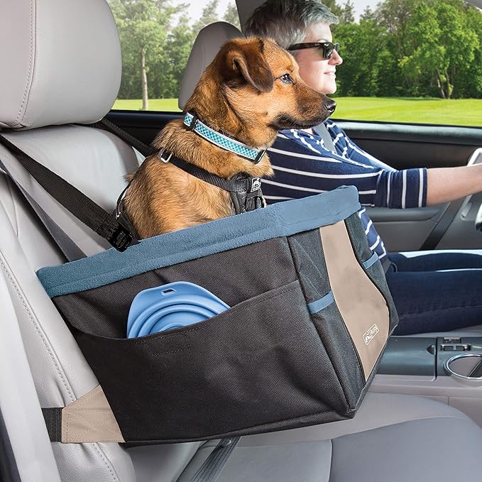 Kurgo Dog Booster Seat - Keeps Dogs Secure & Comfortable - Waterproof Exterior - Removable Washable Liner - Dog Car Seat with Harness Strap - Collapsible - Rover Style - Black/Blue