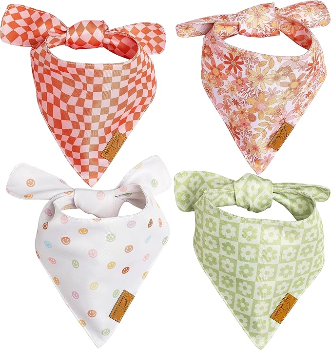 Remy+Roo Small Spring Dog Bandanas - 4 Pack Daisy Set | Premium Durable Adjustable Polyester Fabric | Patented Shape Girl Dog Bandana, Floral Dog Bandana