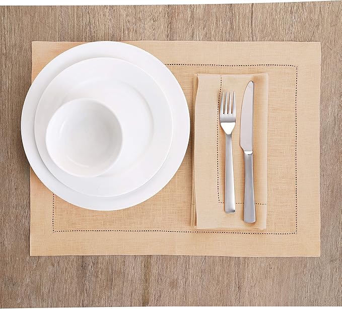 Solino Home Linen Cloth Placemats Set of 6-100% Pure Linen Hemstitch Beige Placemats 14 x 19 Inch - Classic Hemstitch Table Place Mats