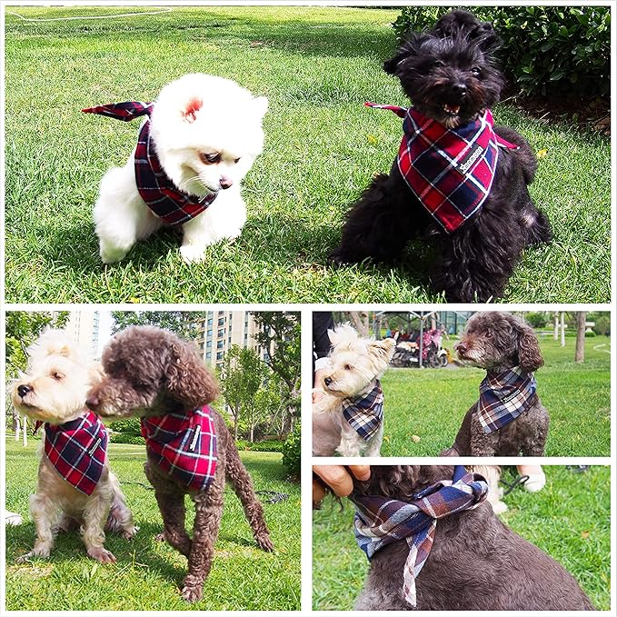 Adjustable Plaid Dog Bandanas,1PC Soft Washable Cotton Triangle Bib Kerchief Scarfs for Small Medium Large Dogs and Cats (Brown&Blue, Large)