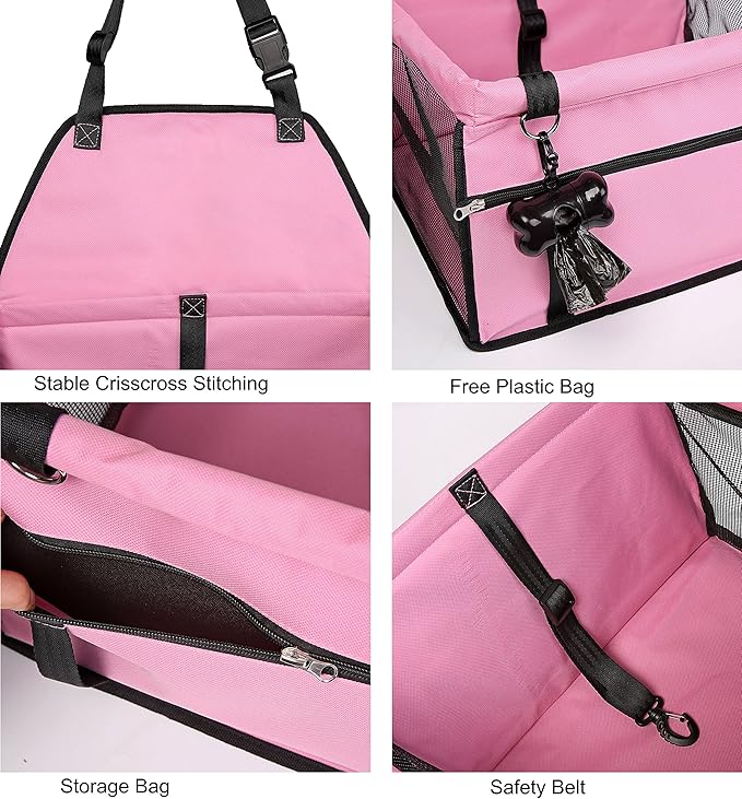 NO Collapse Dog Car Booster Seats Safety Seat Car Seat Cover with Dog Seat Belt Non Slip Carrier,Waterproof, Breathable, Portable, Foldable for Small Pets Animals Cat Puppy Pink