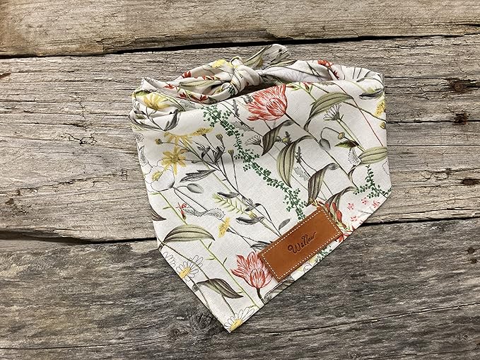 Personalized Dog Bandana, Stemmed Flowers, Stitched Leather Name Tag, Personalized Name, Bandanas for Dogs, Over The Collar Dog Bandana (Sizes: XXSmall - XXLarge)