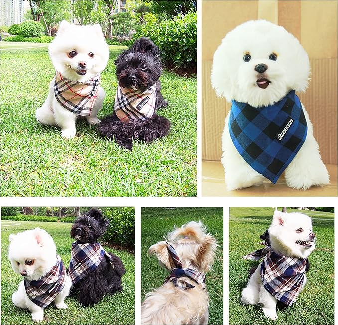 Adjustable Plaid Dog Bandanas,1PC Soft Washable Cotton Triangle Bib Kerchief Scarfs for Small Medium Large Dogs and Cats (Light Khaki, Small)