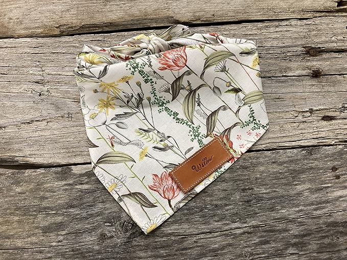 Personalized Dog Bandana, Stemmed Flowers, Stitched Leather Name Tag, Personalized Name, Bandanas for Dogs, Over The Collar Dog Bandana (Sizes: XXSmall - XXLarge)