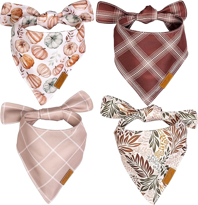 Remy+Roo Fall Dog Bandanas 4 Pack - Amber Set, Premium Durable Polyester Fabric, Patented Curved Design, Adjustable Fit for Small, Large, and XL Dogs, Trendy Patterns, Dog Fall Bandanas (Large)